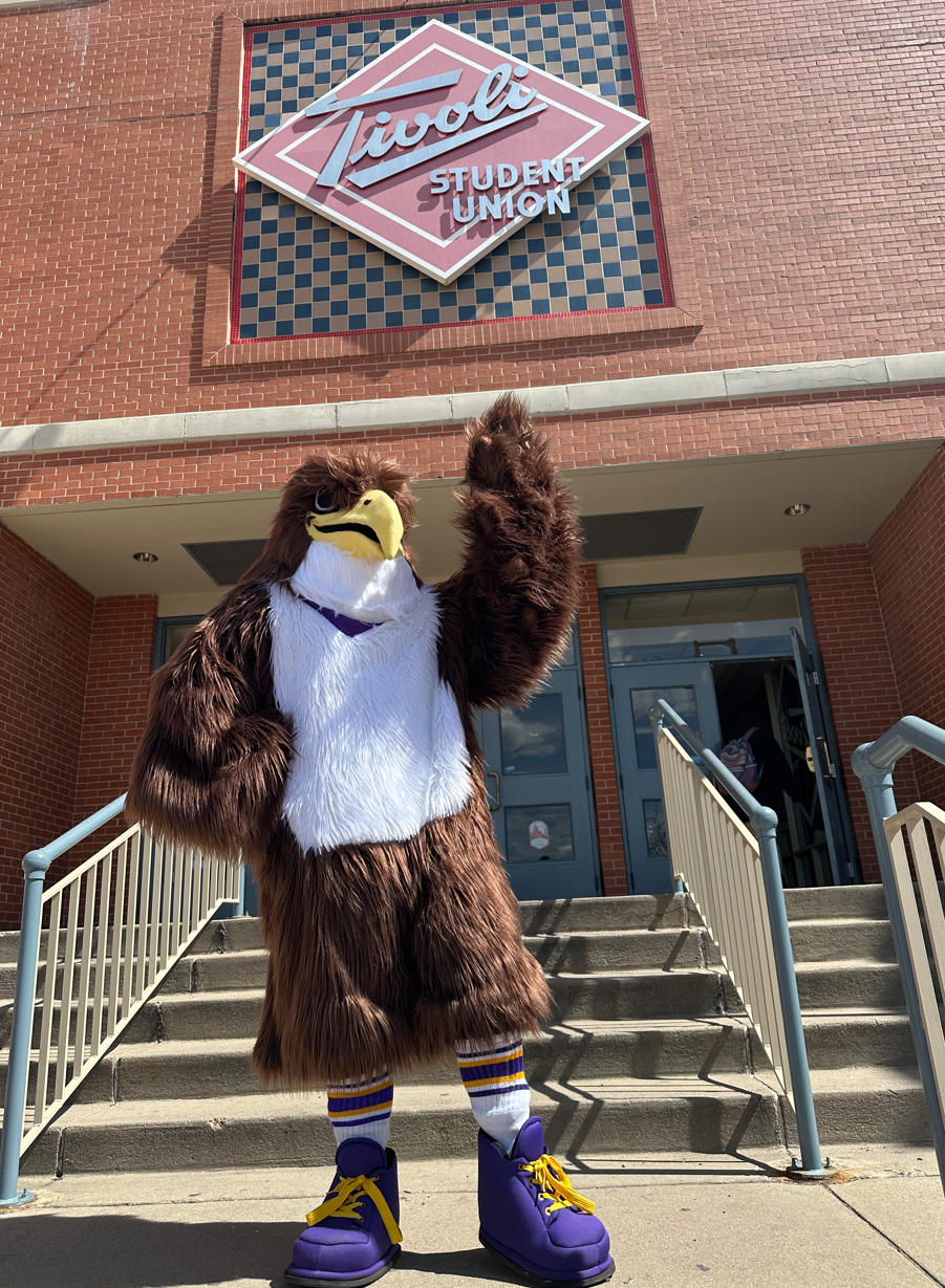 swoop, the mascot of CCD in front of tivoli