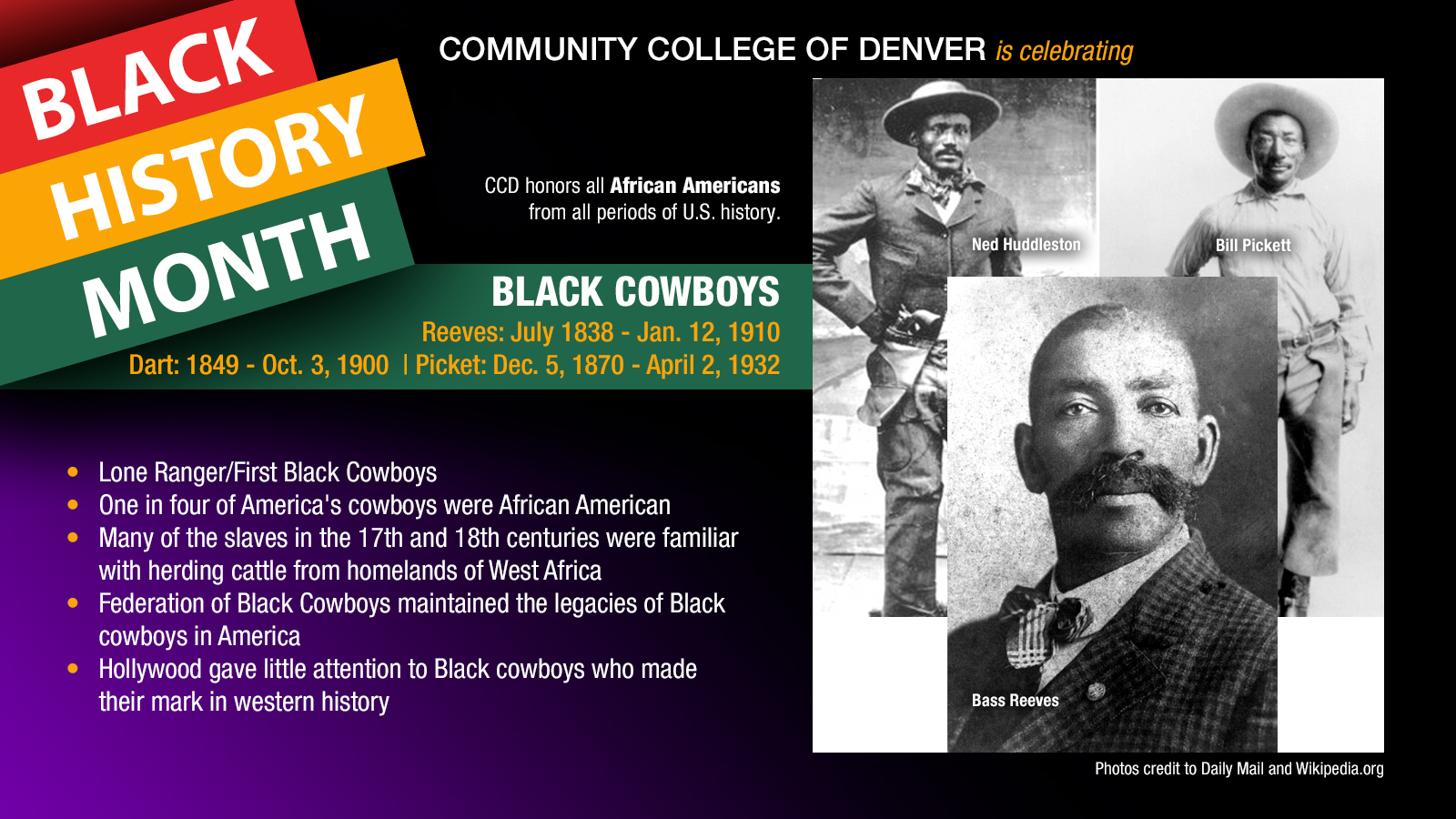 Black History Month. Black Cowboys. Bass Reeves, Ned Huddleston, William Pickett facts.