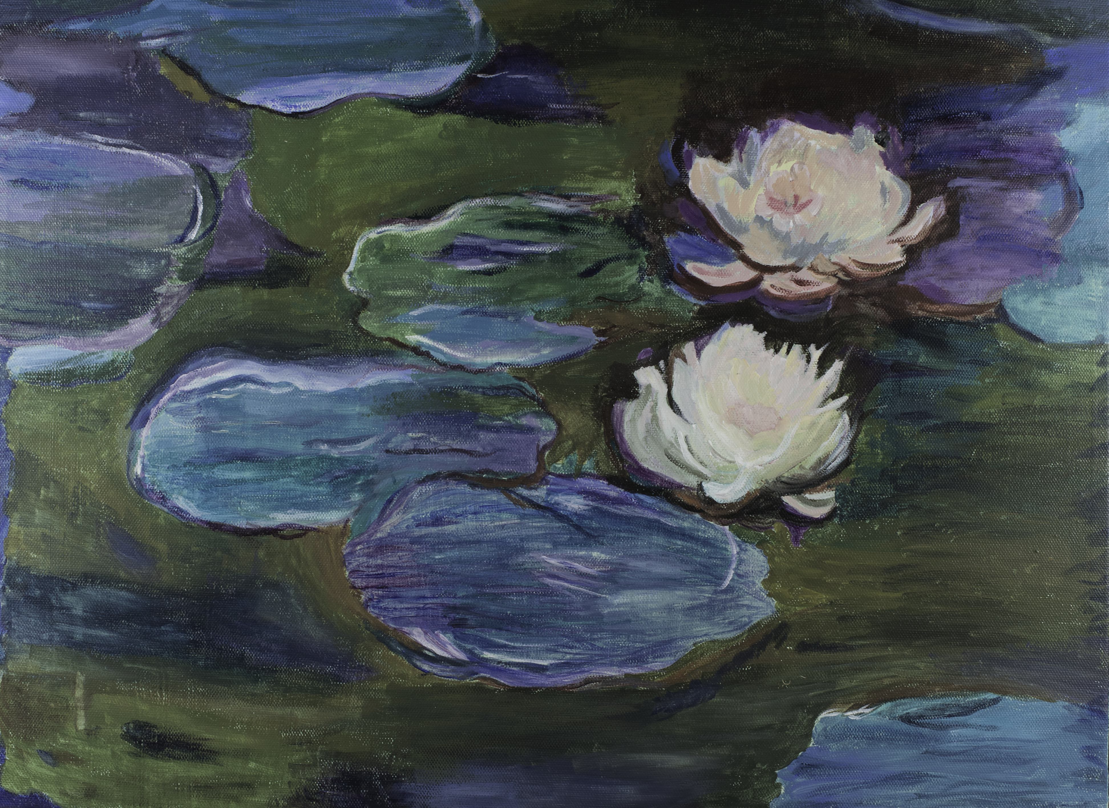 artist's painting of lily pads and water