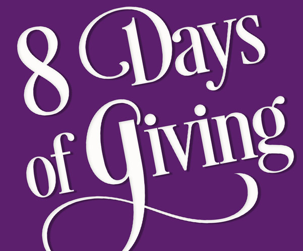 8 days of giving in white text over purple background