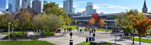 Auraria Campus with city skyline