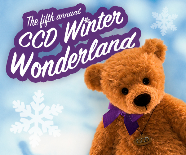 Teddy bear with text "the fifth annual ccd winter wonderland"