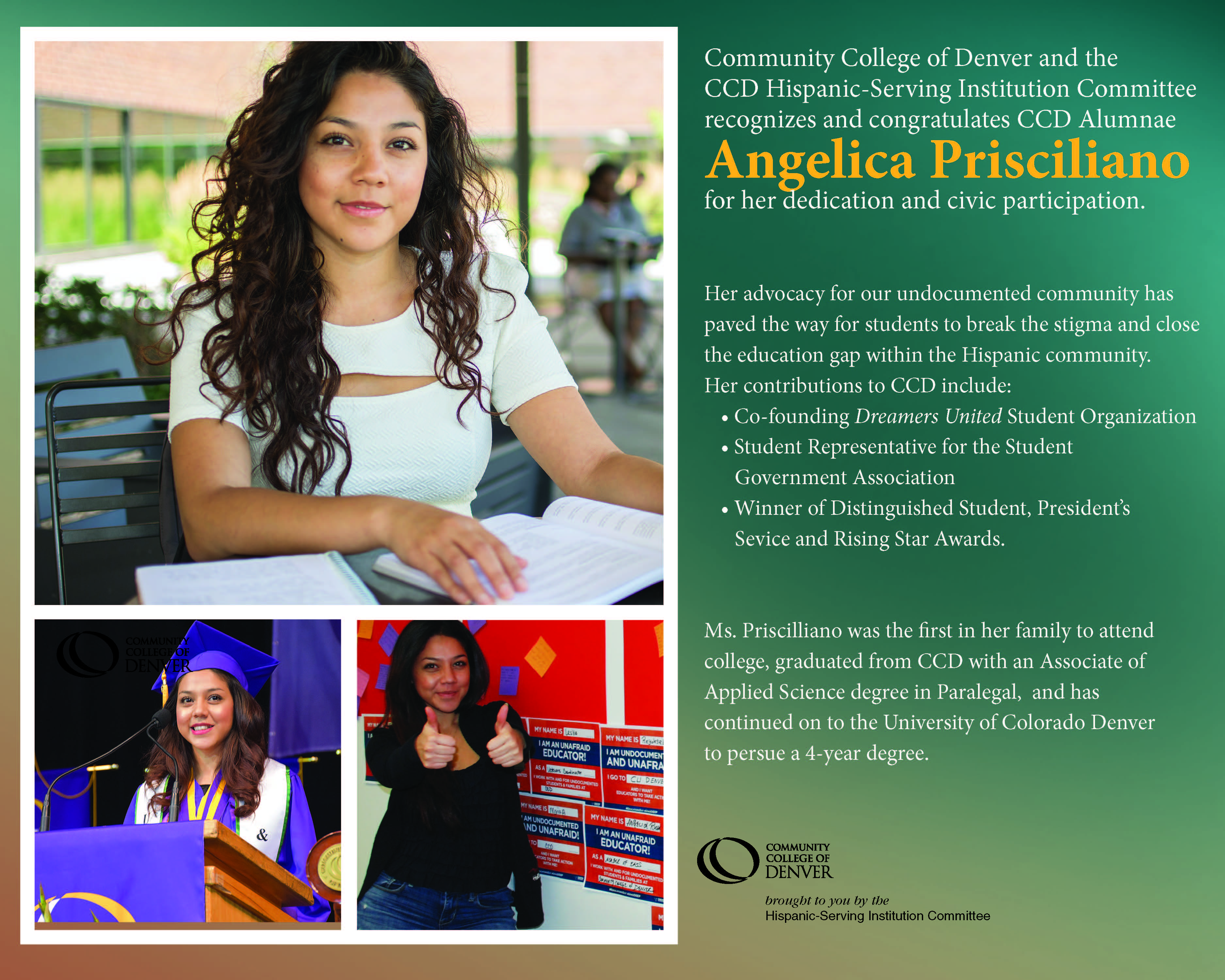 Student Success Poster: CCD and HSI Committee recognize Alumnae Angelica Prisciliano