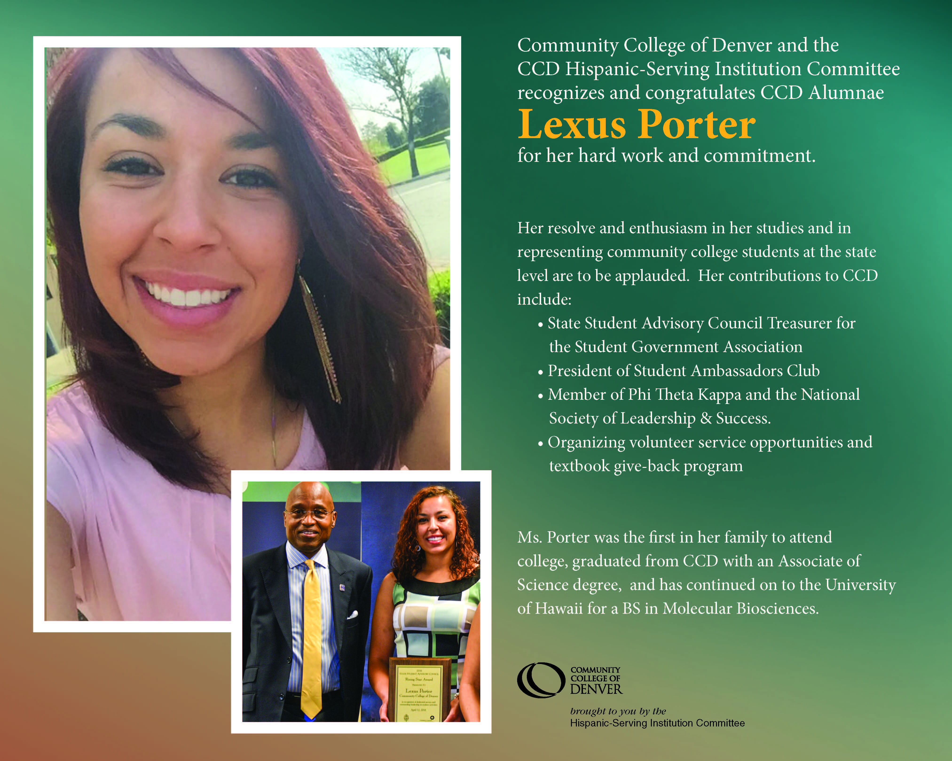 Student Success Poster: CCD and HSI Committee recognize Alumnae 