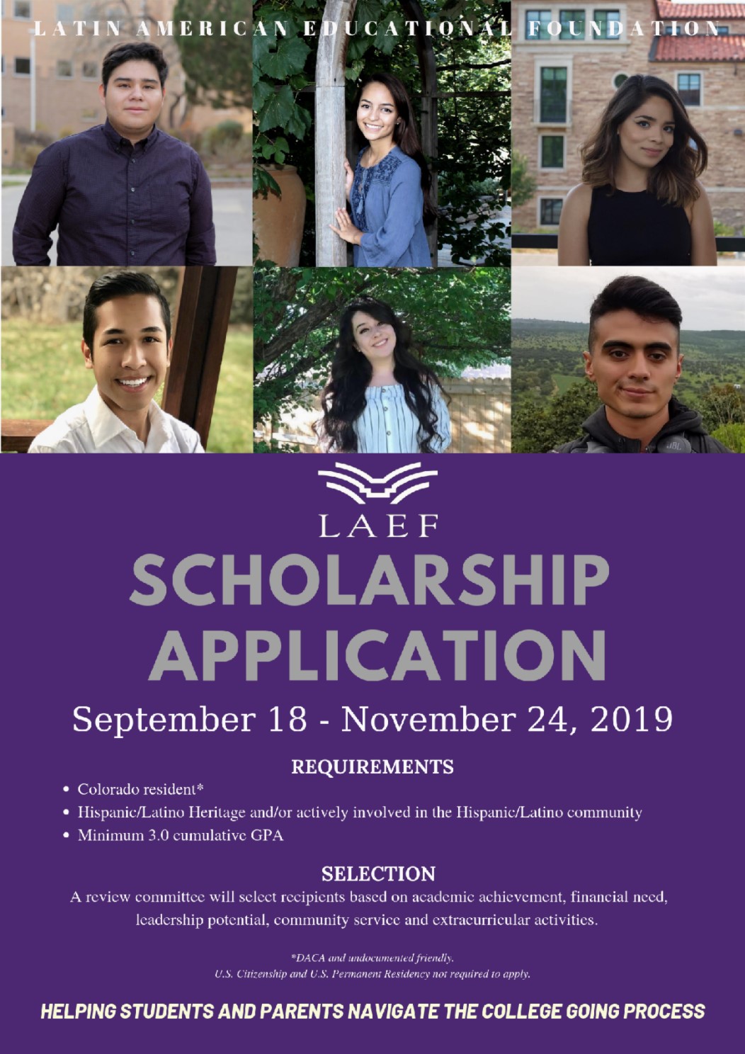 LAEF scholarship application with six students purple background