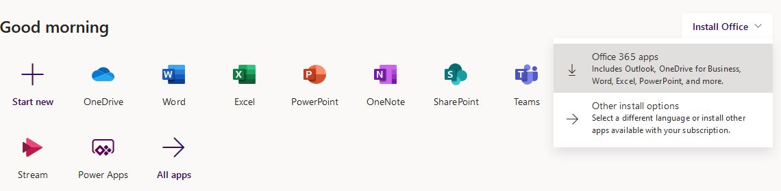 Click the "Install Office" link in the upper-right corner of the landing page and select "Office 365 apps"