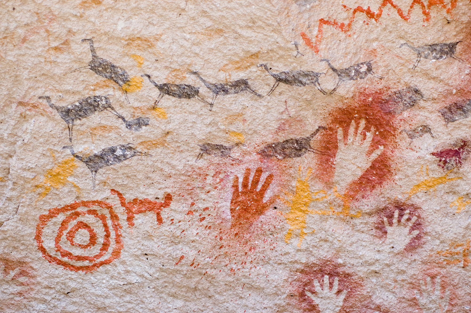 Ancient cave paintings of hands and animals
