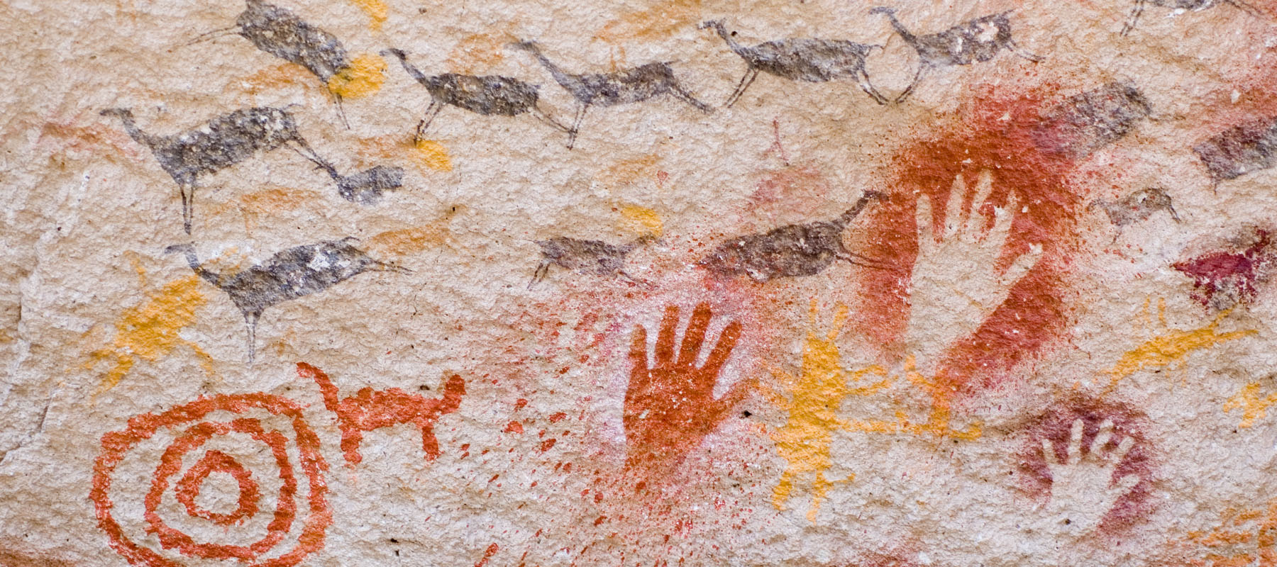 cave walls with drawings of handprints and animals