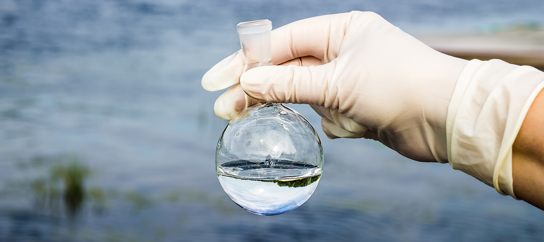 hand wearing a medical glove holding a water sample