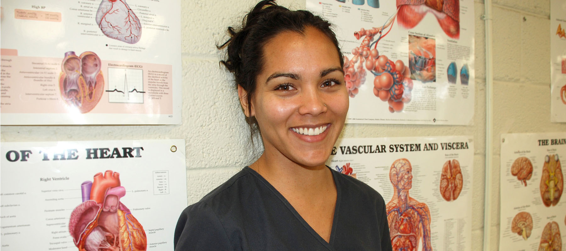 female in blue scrubs in front of anatomy posters