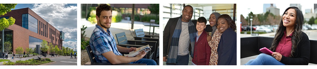 four images, CCD Confluence building along with smiling students around campus