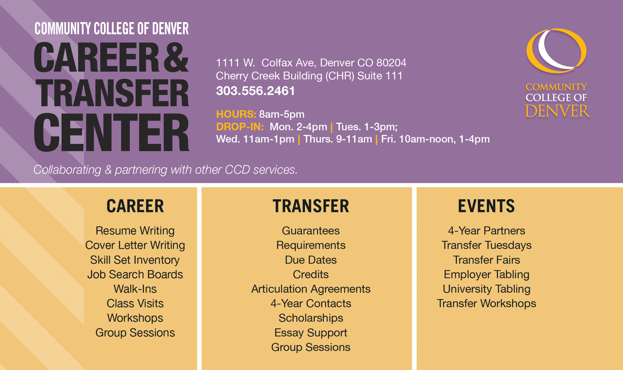Career and Transfer Center at CCD can help you transfer or find a position after you leave CCD. CTC poster