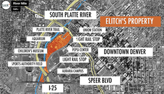 Map of the Rive Mile Project. Image shows where Elitch Gardens currently is in relation to Downtown Denver, Speer Blvd, I-25, the South Platte River, and other areas of Denver.