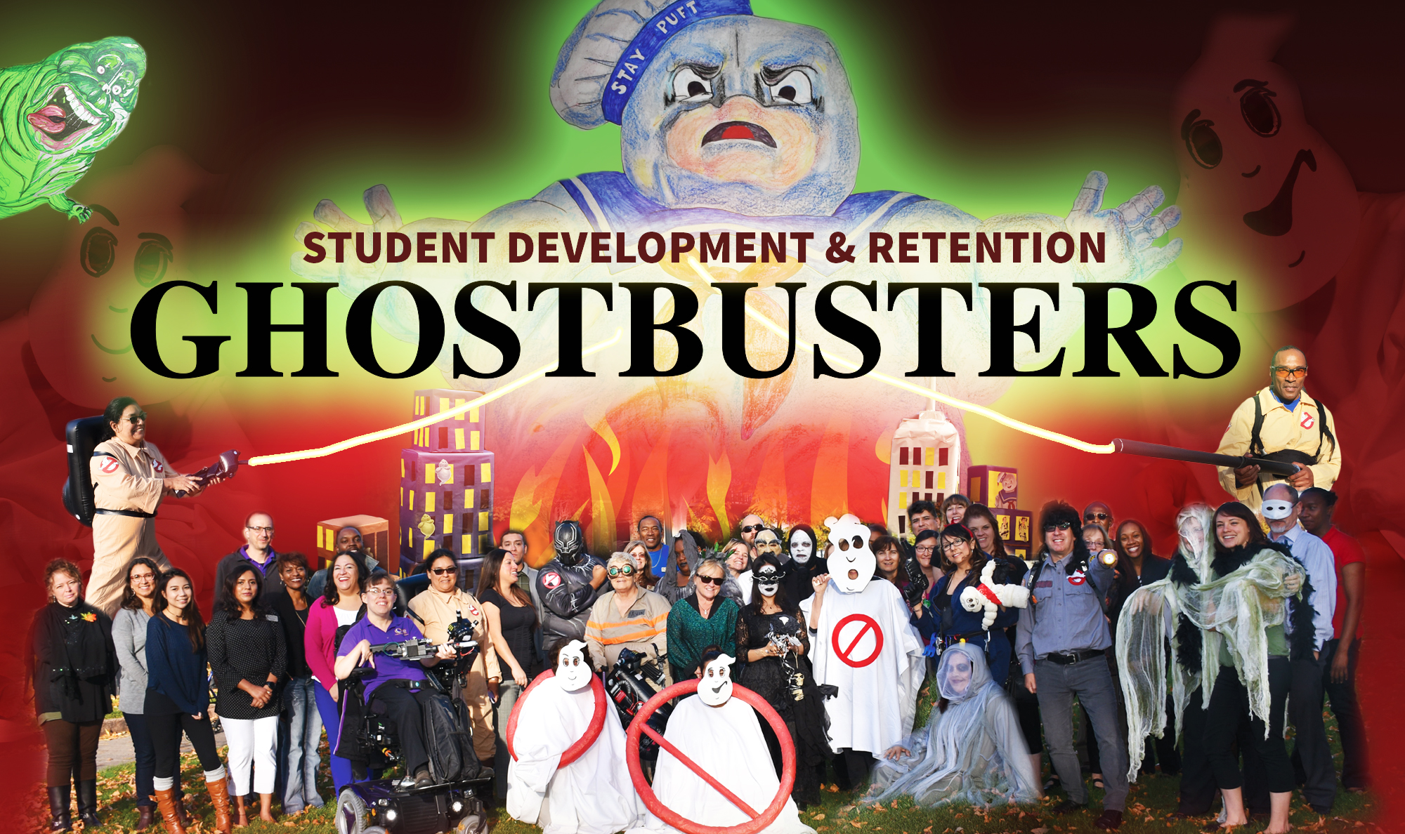 ghostbusters themed with group employees in costumes