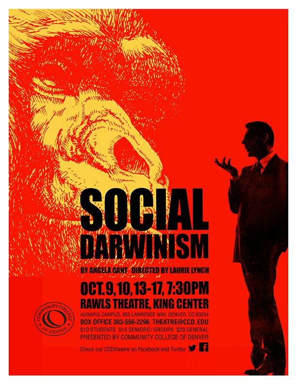 red poster with image of man and ape, Social Darwinism
