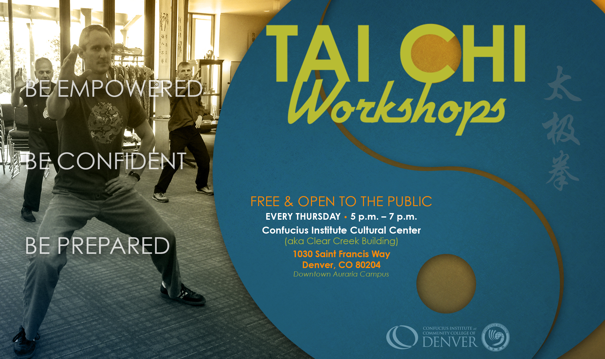 Tai Chi Workshops with CICCD man doing Tai Chi, workshop poster