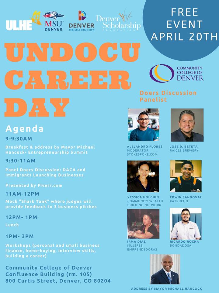 UndocuCareerDay Blue and orange text and agenda and pictures