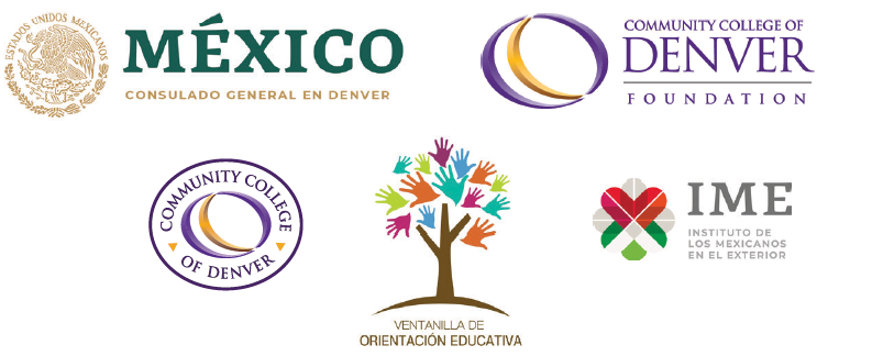 Logos for Mexican Consulate of Denver, CCD Foundation, CCD, Ventanilla de Orientacion Educativa, and IME