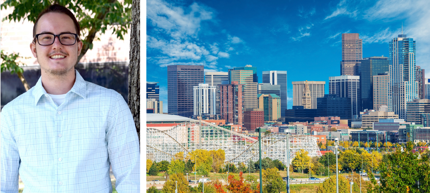 picture of man in glasses next to a city view of Denver