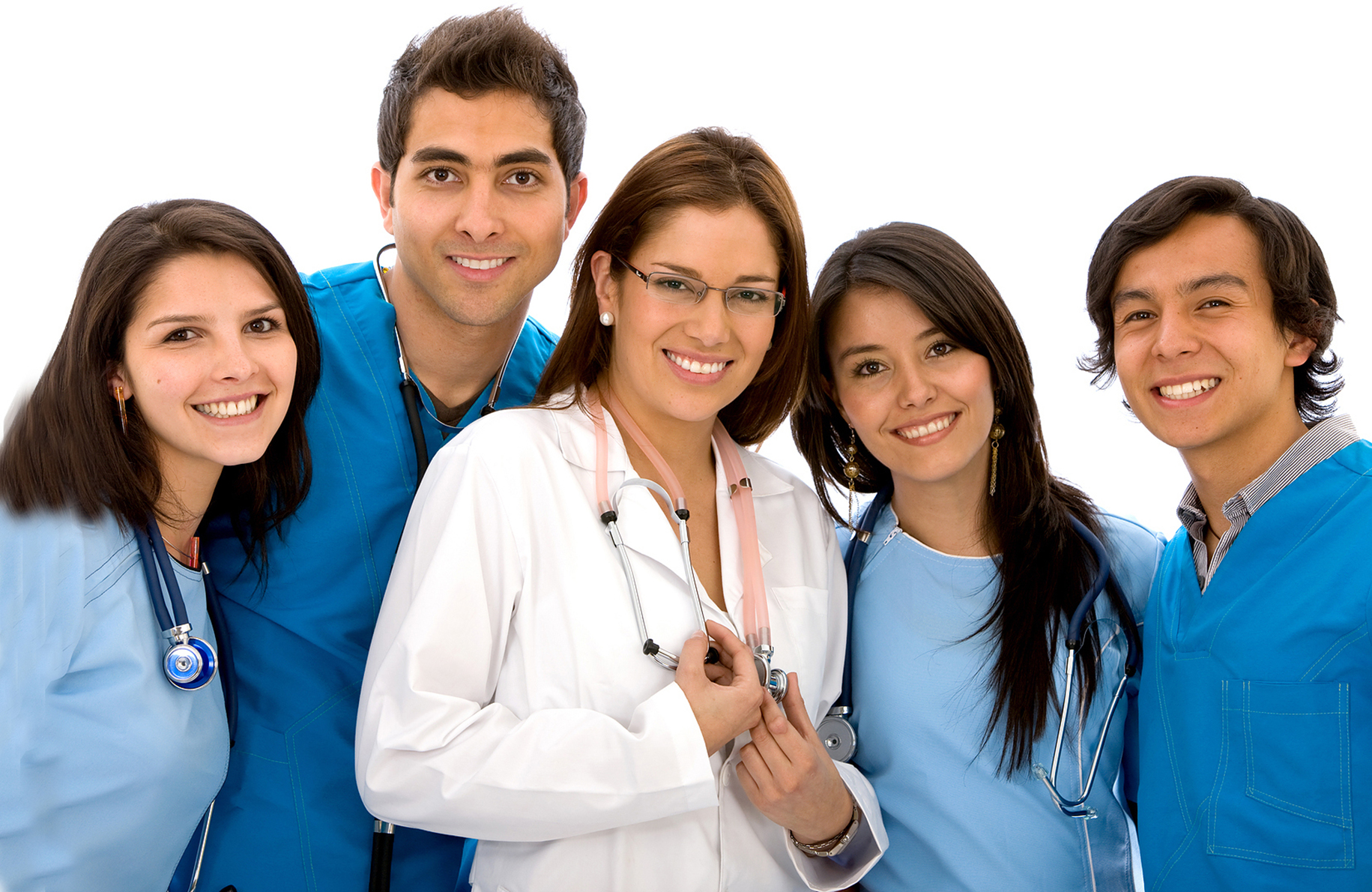 Smiling group of nurses wearing blue scrubs