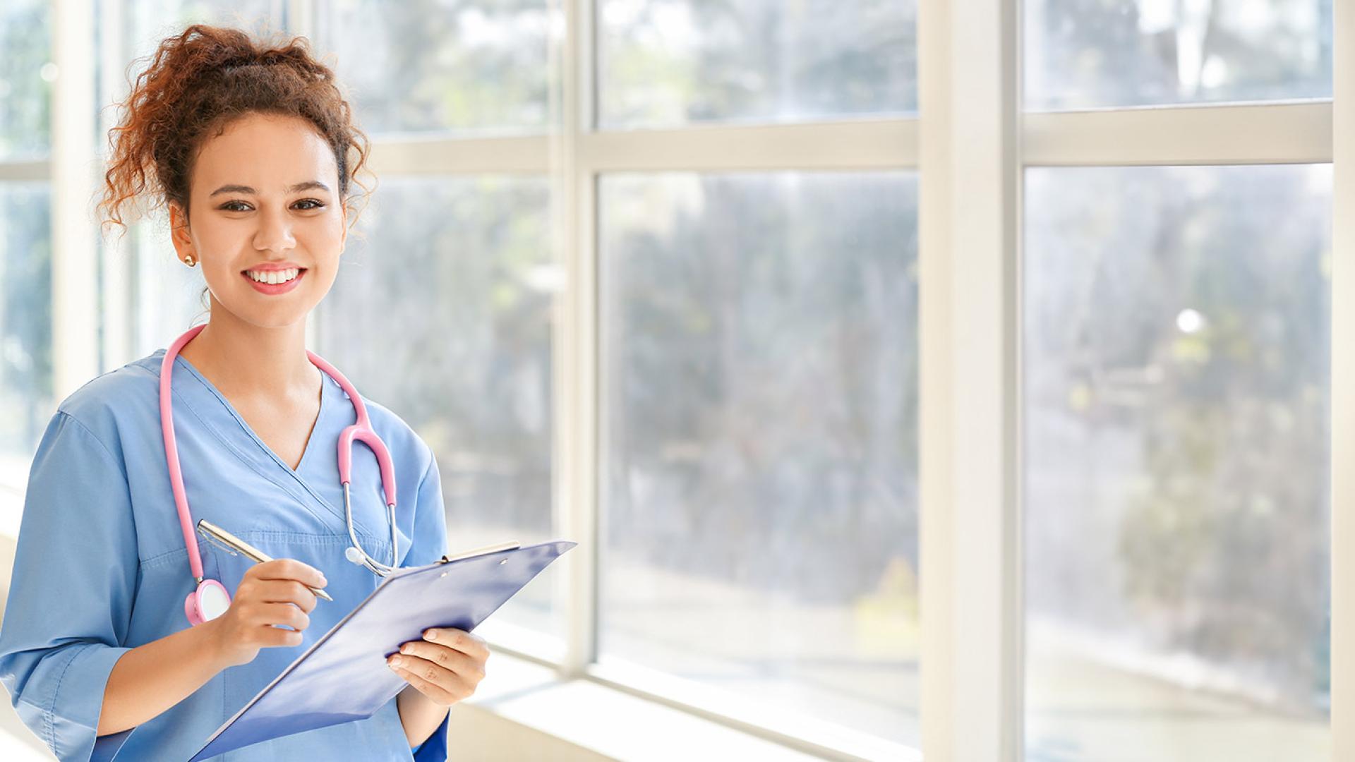 female CCD Practical Nursing student in scrubs