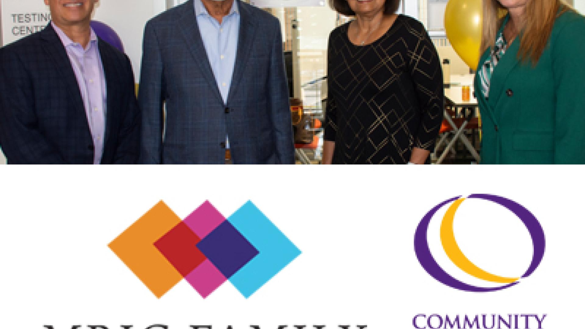People in business clothes smiling. MRIG Family Foundation logo. Community College of Denver logo.