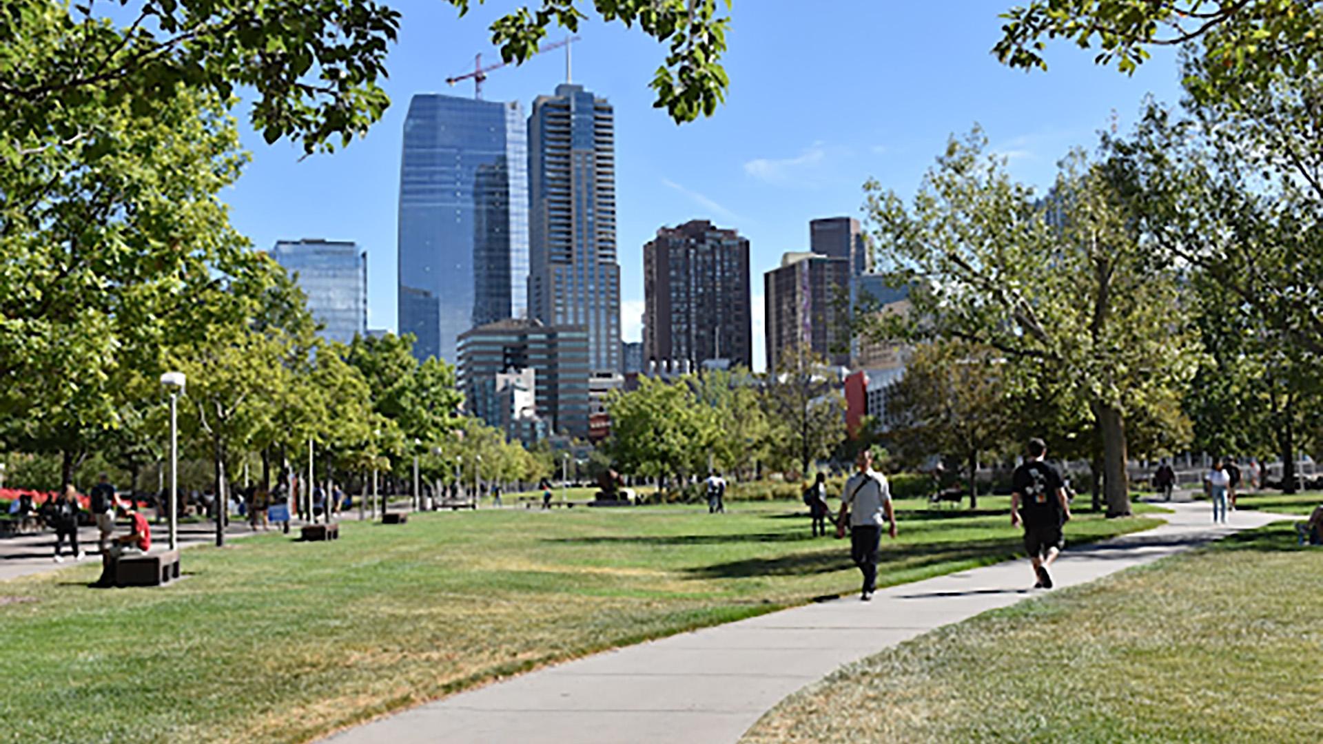 Denver skyline, and people walking at a park