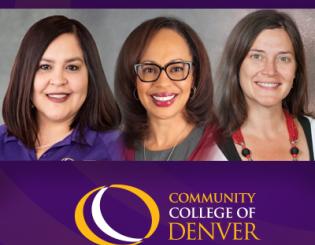 Three women smiling. Community College of Denver logo