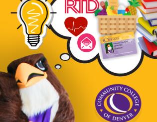 Community College of Denver logo. CCD Mascot with through bubble including books, student ID, food basket, RTD logo, heart, and mail envelope.