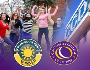 Colorado Sun's Colorado Best of 2024 Winner logo next to CCD Logo. Students jumping in background.