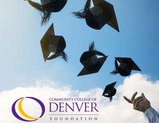 Graduation Caps being thrown into the sky. Community College of Denver Foundation logo.