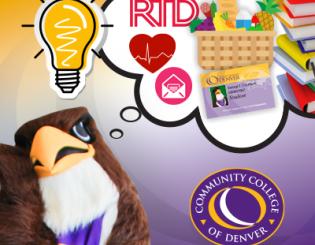 Community College of Denver (CCD) Mascot, Swoop with a think bubble and lightbulb. CCD logo in bottom right corner.