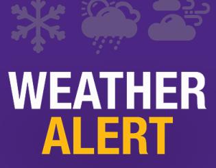 WEATHER ALERT. Puple background. Snowflake, rain cloud, and wind clouds.