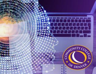 Computer and notebook in background. Side profile of a face made of dots. Community College of Denver logo.