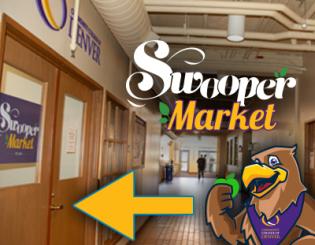 Hallway with arrow pointing to a door and Community College of Denver's mascot, Swoop the CityHawk, holding a green apple. "Swooper Market"