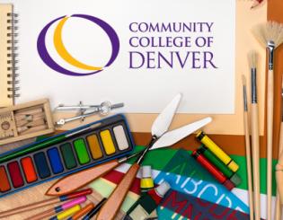 Community College of Denver Logo. Art supplies scattered on a desk.