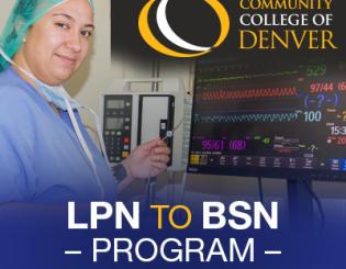Person wearing medical scrubs and hair mask with computer screens in background. Community College of Denver logo. LPN to BSM Program