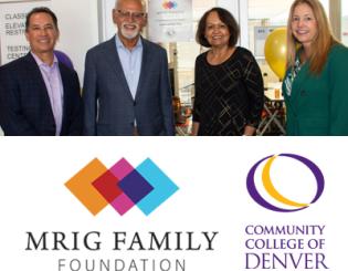 People in business clothes smiling. MRIG Family Foundation logo. Community College of Denver logo.