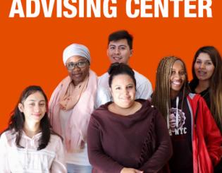 Six people smiling as a group with an orange background. Advising Center text at top of graphic.