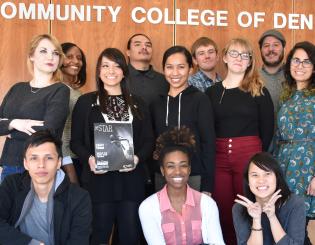 students in front of a community college of denver sign