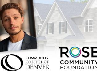 Man in a blazer. Houses in the background. Community College of Denver logo. Rose Community Foundation logo.