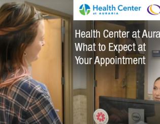 Health Center at Auraria Logo. Community College of Denver logo. Female talking to a receptionist. Health Center at Auraria: What to Expect at Your Appointment 