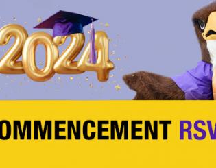 2024 COMMENCEMENT RSVP. CCD Mascot in graduation gown.