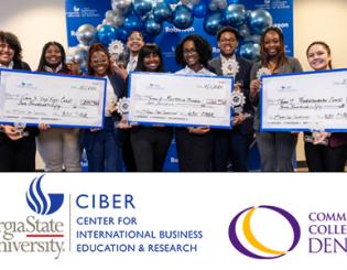Students and their team members holding giant checks and trophies.
