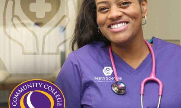 A nurse wearing purple scrubs smiling. Community College of Denver logo. Community College of Denver Health Sciences Pathway logo in the background.