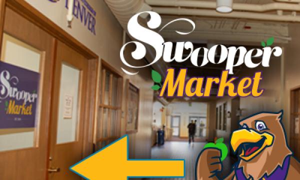 Hallway with arrow pointing to a door and Community College of Denver's mascot, Swoop the CityHawk, holding a green apple. "Swooper Market"
