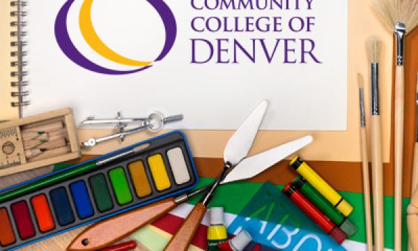 Community College of Denver Logo. Art supplies scattered on a desk.
