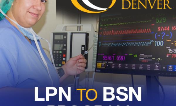Person wearing medical scrubs and hair mask with computer screens in background. Community College of Denver logo. LPN to BSM Program