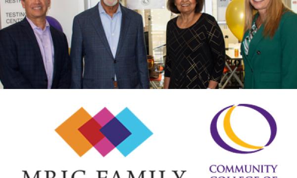 People in business clothes smiling. MRIG Family Foundation logo. Community College of Denver logo.
