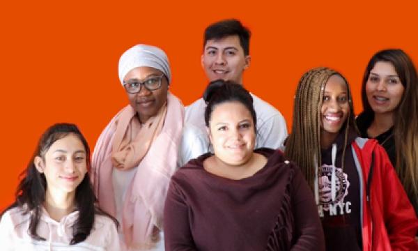 Six people smiling as a group with an orange background. Advising Center text at top of graphic.